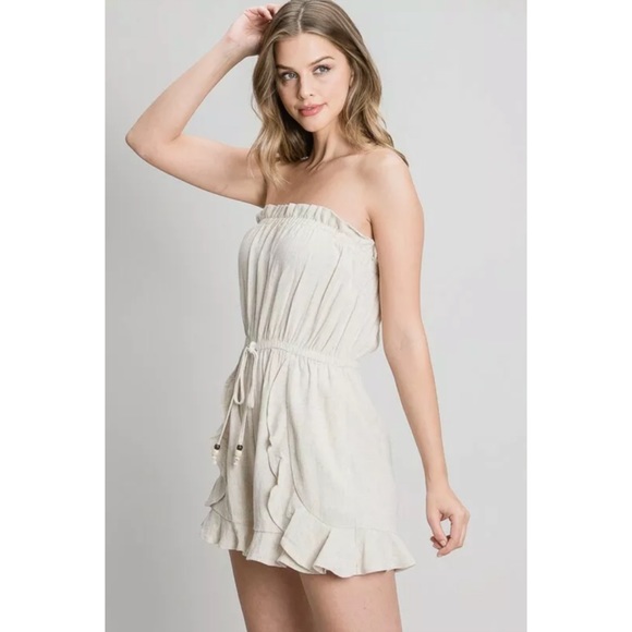 Natural Linen Strapless Tube Ruffle Romper - Picture 2 of 6